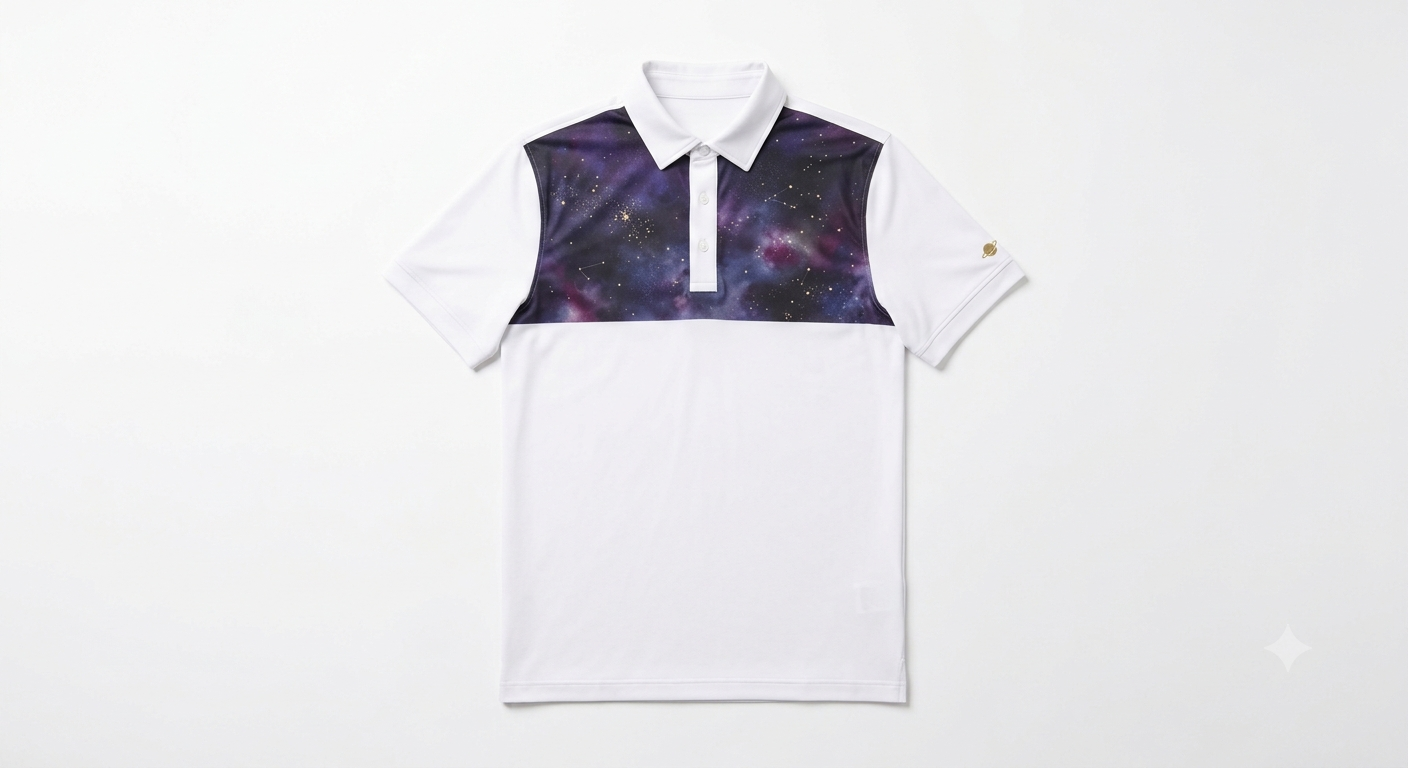 GalaxyWear_Image_01 — white cosmic chest panel polo