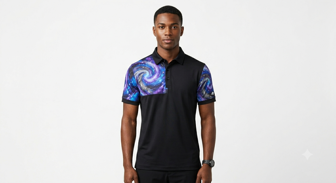 GalaxyWear_Image_02 — black galaxy swirl polo, modeled