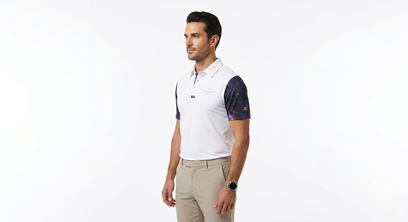 GalaxyWear_Image_04 — white polo galaxy sleeves, modeled
