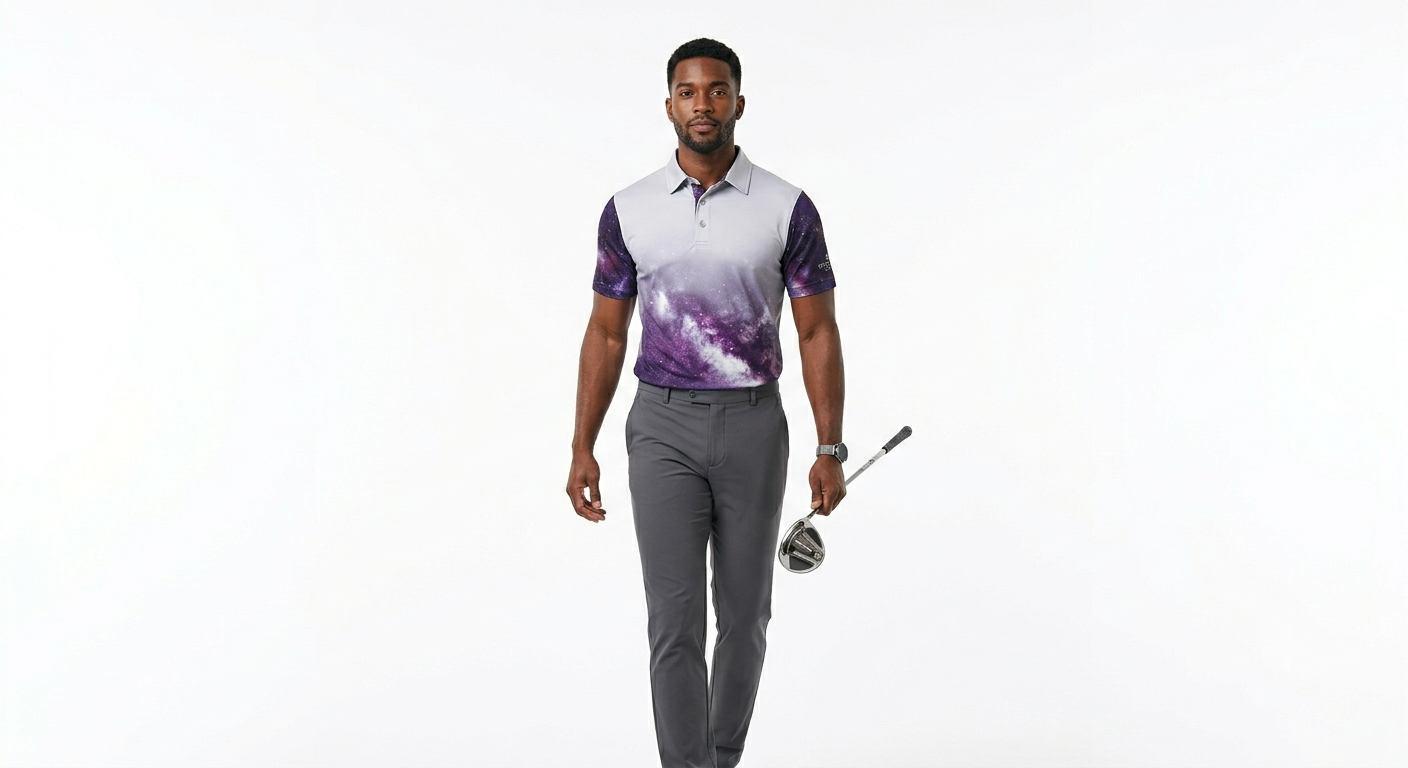 GalaxyWear_Image_06 — nebula print polo, modeled with golf club