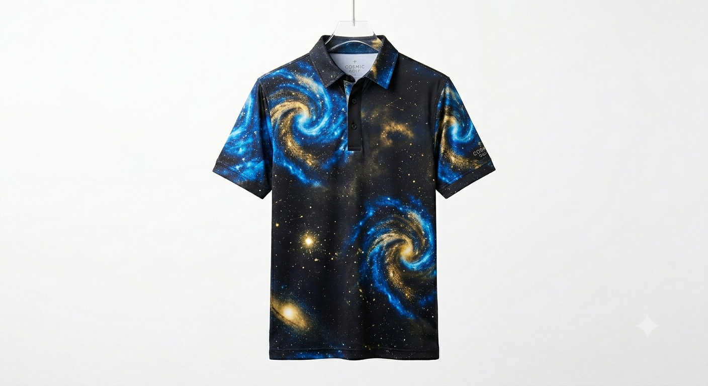 GalaxyWear_Image_07 — blue and gold spiral galaxy polo